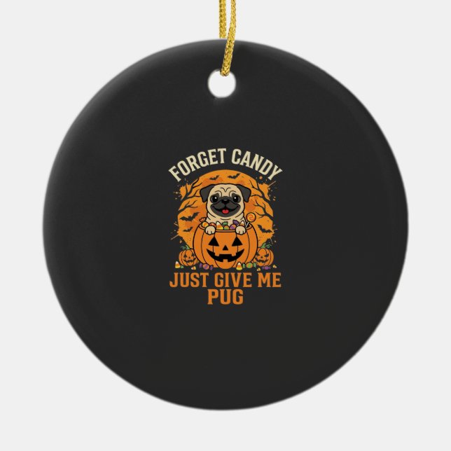 Funny Halloween Pug Candy Design_1 Ceramic Tree Decoration (Front)