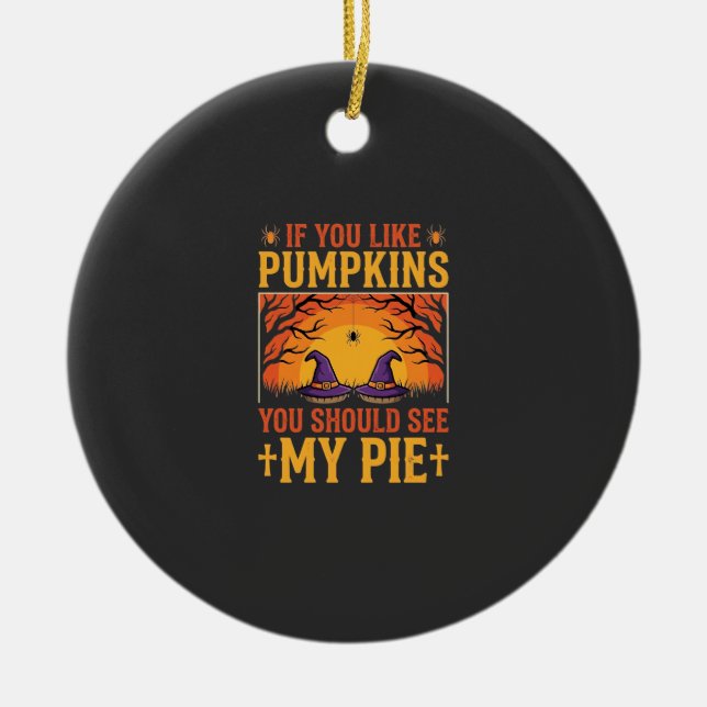 Funny Halloween Pumpkin Pie Witch Design_1 Ceramic Tree Decoration (Front)