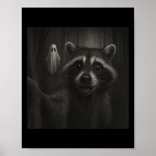 Funny Halloween Racoon Selfie With Soky Ghost  Poster
