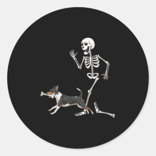 Funny Halloween Rat Terrier And Skeleton  Classic Round Sticker