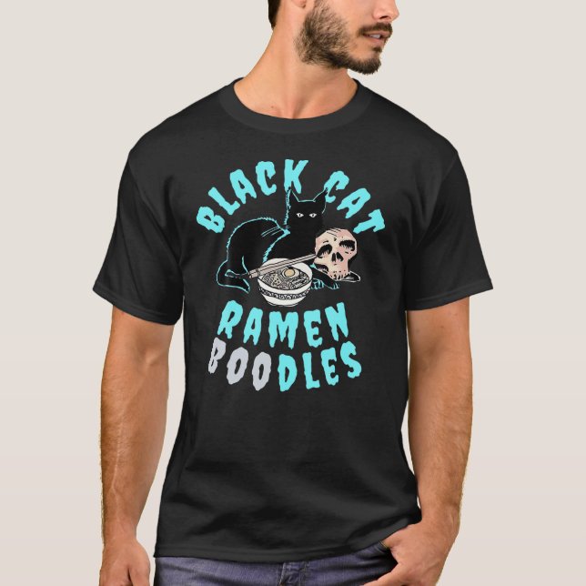 Funny Halloween S Black Cat Ramen Boodles T-Shirt (Front)