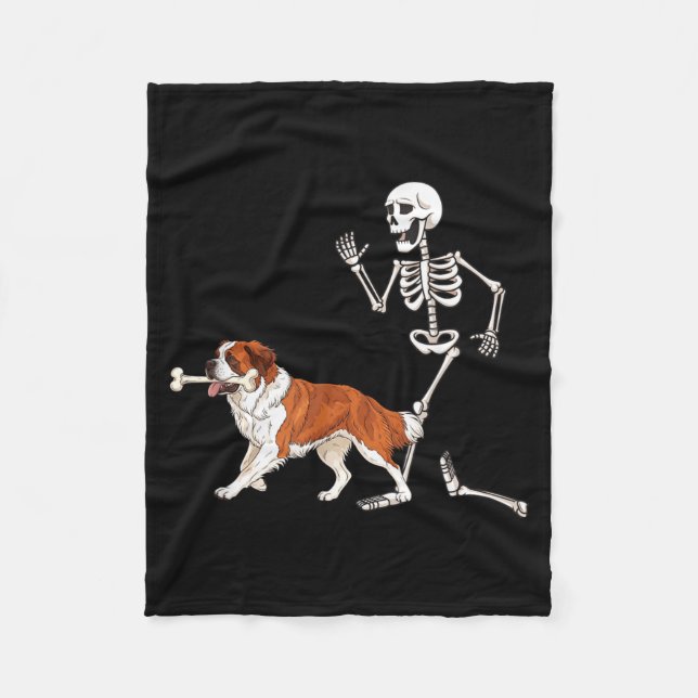 Funny Halloween Saint Bernard And Skeleton Fleece Blanket (Front)