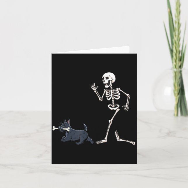 Funny Halloween Scottish Terrier And Skeleton Card (Front)