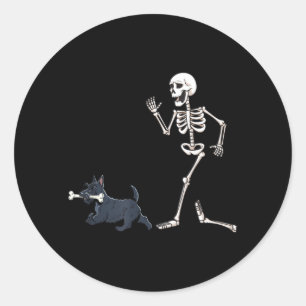 Funny Halloween Scottish Terrier And Skeleton Classic Round Sticker