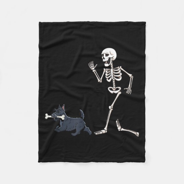 Funny Halloween Scottish Terrier And Skeleton Fleece Blanket (Front)