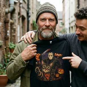 Funny Halloween Selfie Cat & Jason Voorhees T-Shirt