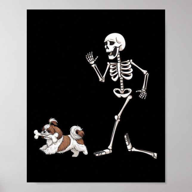 Funny Halloween Shih Tzu And Skeleton  Poster (Front)