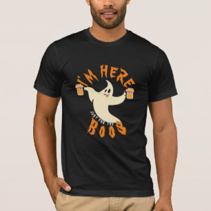 Funny Halloween Shirt: 'Here For Booze' Pun ghost T-Shirt