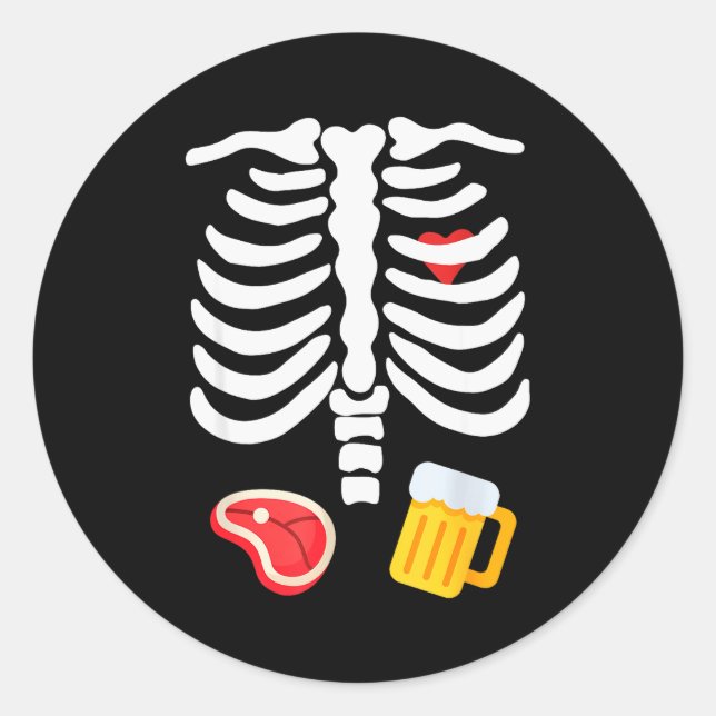 Funny Halloween Skeleton Beer &amp; Steak Costume  Classic Round Sticker (Front)