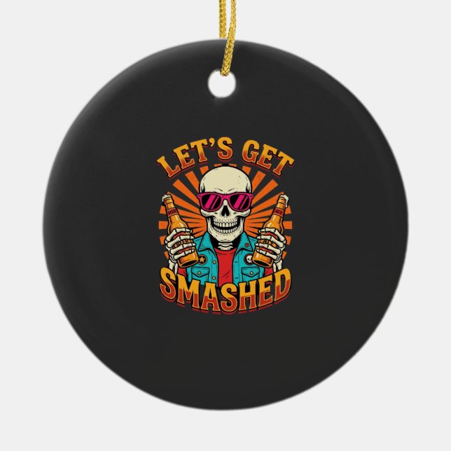 Funny Halloween Skeleton Beer Smashed Design_1 Ceramic Tree Decoration (Front)