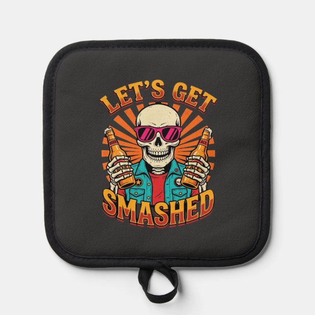 Funny Halloween Skeleton Beer Smashed Design_1 Pot Holder (Front)