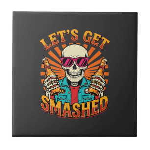 Funny Halloween Skeleton Beer Smashed Design_1 Tile