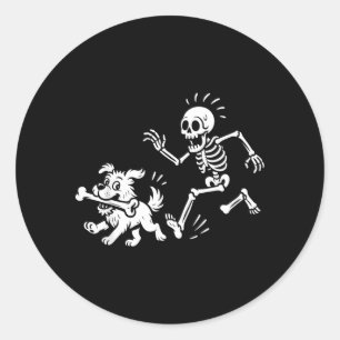Funny Halloween Skeleton Chasing Dog Spooky Season Classic Round Sticker