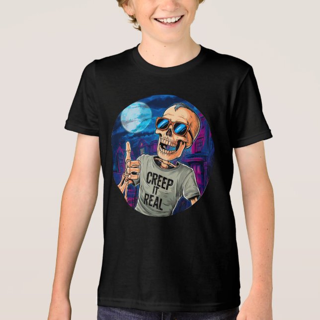 Funny Halloween Skeleton Creep It Real Tri-Blend Shirt (Front)