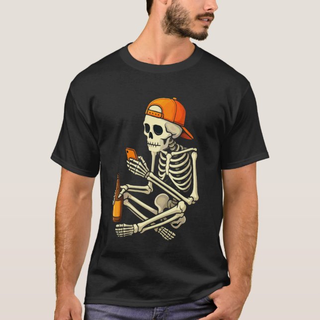 Funny Halloween Skeleton Doomscrolling Costume T-Shirt (Front)
