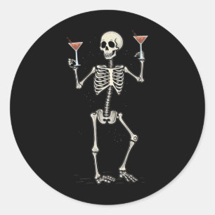 Funny Halloween Skeleton Drinking Manhattan Tail Classic Round Sticker