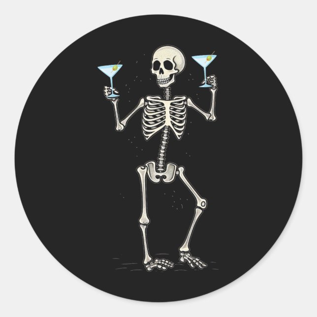 Funny Halloween Skeleton Drinking Martini Tail  Classic Round Sticker (Front)