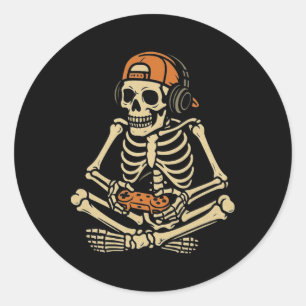 Funny Halloween Skeleton Gamer Video Gaming Boys M Classic Round Sticker