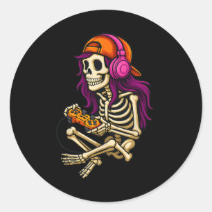 Funny Halloween Skeleton Gamer Video Gaming Girls Classic Round Sticker