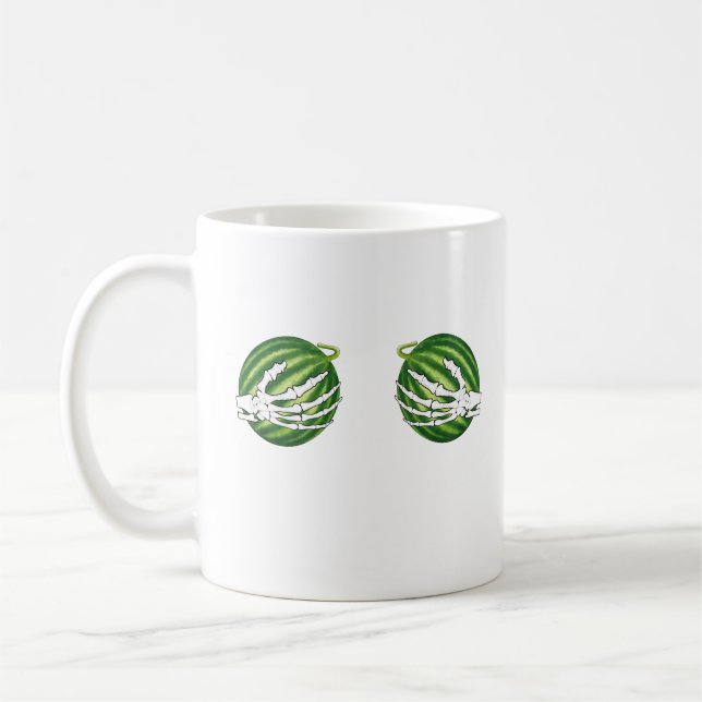 Funny Halloween Skeleton Hands Holding Melons Coffee Mug (Left)