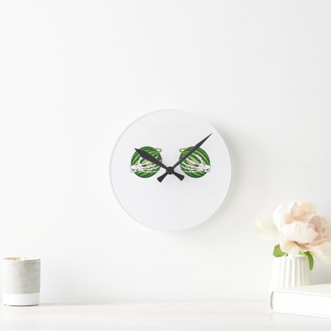 Funny Halloween Skeleton Hands Holding Melons Round Clock (Home)