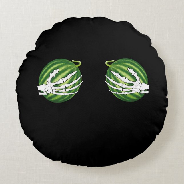 Funny Halloween Skeleton Hands Holding Melons Round Cushion (Front)