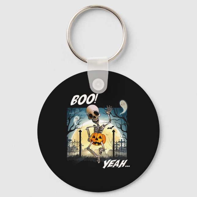 Funny halloween skeleton pumpkin boo yeah ghost key ring (Front)
