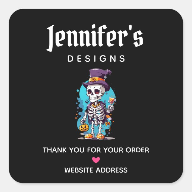 Funny Halloween Skeleton wearing Top Hat Business Square Sticker (Front)