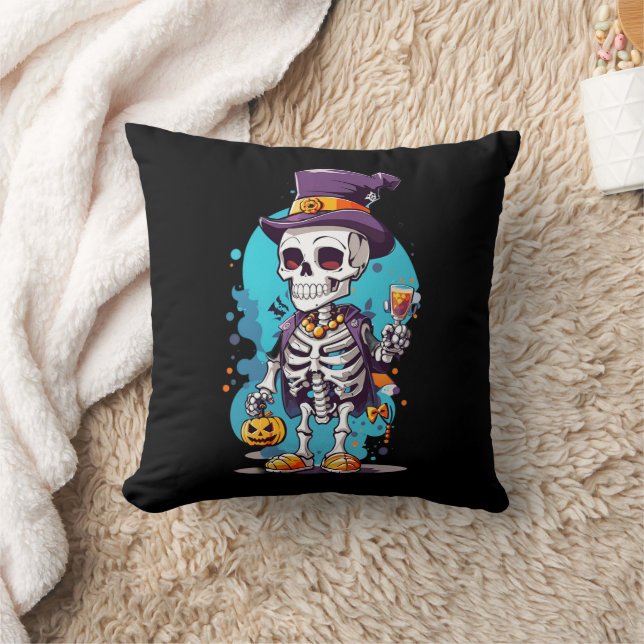Funny Halloween Skeleton wearing Top Hat Cushion (Blanket)