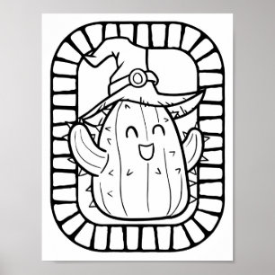 Funny Halloween Smiling Cactus Coloring Page Poster