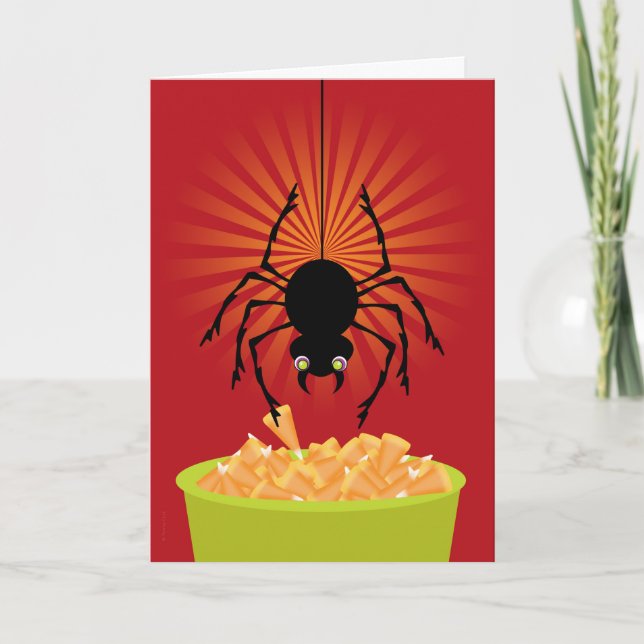 Funny Halloween Spider Stealing Candy Corn Card (Front)