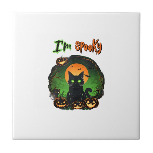 Funny Halloween Spooky Black Cat Pumpkin Bat Starr Tile (Front)