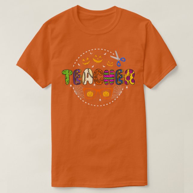 Funny Halloween Teacher Pattern Jack O Lantern Pum T-Shirt (Design Front)