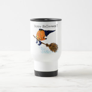 Funny Halloween Travel Mug Flying Witch Pumpkin