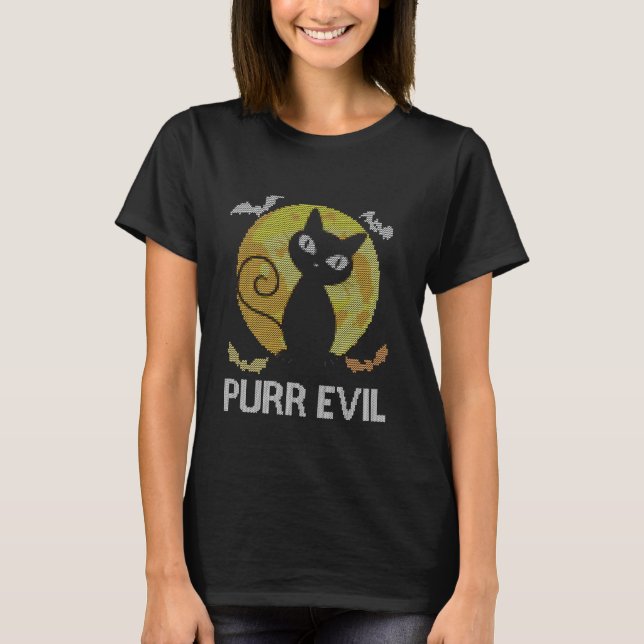 Funny Halloween Ugly Sweater Cat Purr Evil Pun For (Front)