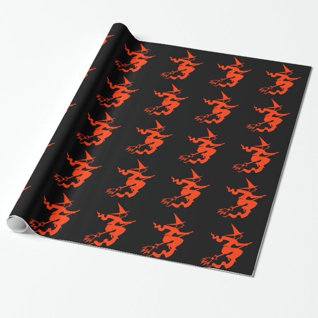 Funny Halloween Witch Broom Holiday Black Orange Wrapping Paper (Unrolled)