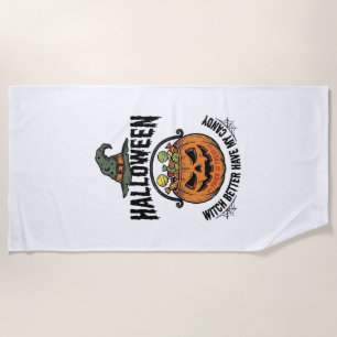 Funny Halloween Witch Candy Pumpkin Shirt Design_1 Beach Towel