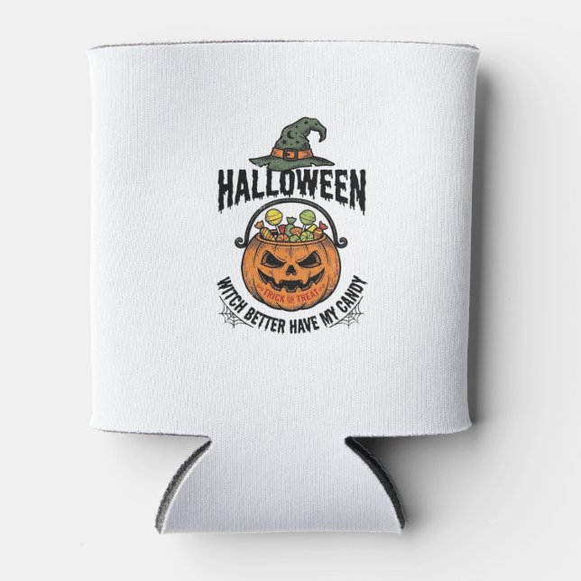 Funny Halloween Witch Candy Pumpkin Shirt Design_1 Can Cooler (Front)