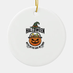 Funny Halloween Witch Candy Pumpkin Shirt Design_1 Ceramic Tree Decoration