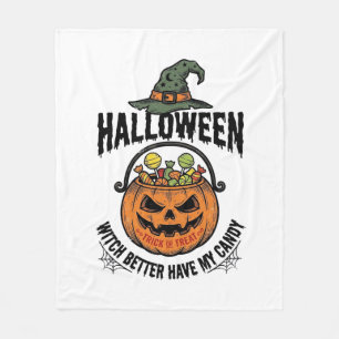 Funny Halloween Witch Candy Pumpkin Shirt Design_1 Fleece Blanket