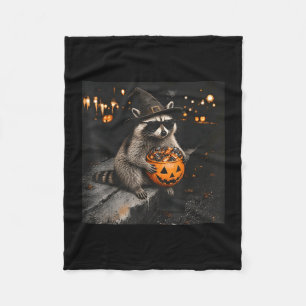 Funny halloween witch racoon holding pumpkin meme fleece blanket