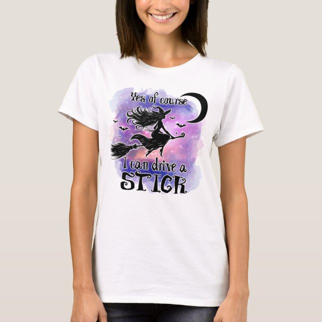 Funny Halloween Witch Riding Broom T-Shirt (Front)
