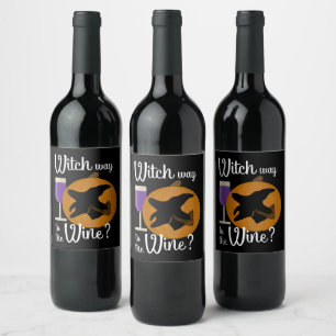 Funny Halloween Witch Way to the Wine Pumpkin Label