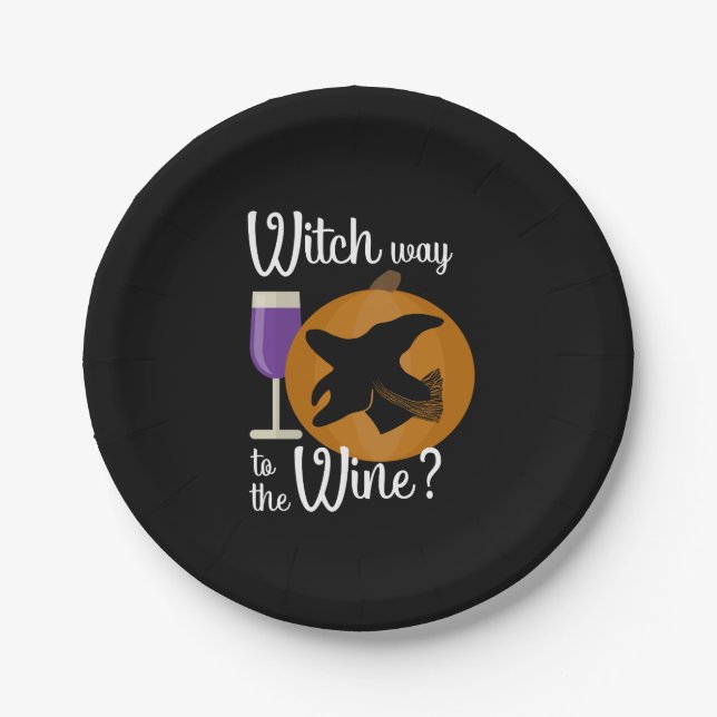 Funny Halloween Witch Way to the Wine Pumpkin Paper Plate (Front)