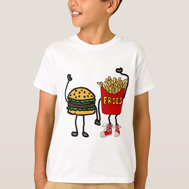 Funny Hamburger and French Fries Cartoon Art T-Shirt (Front)