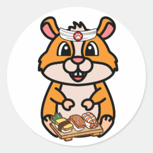 Funny hamster is a sushi chef classic round sticker
