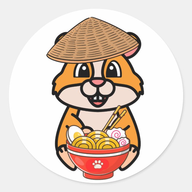 Funny hamster is eating noodles classic round sticker (Front)