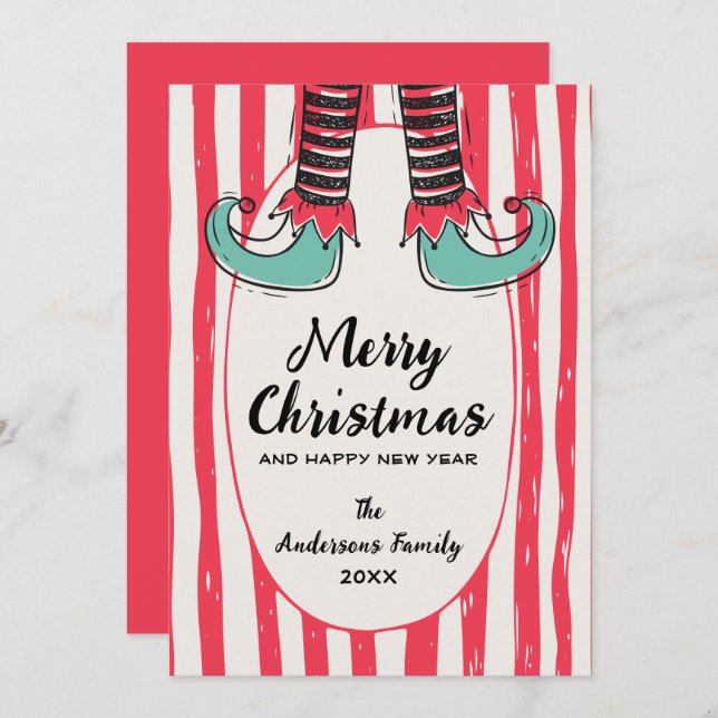 Funny Hand Drawn Elf Sock Christmas Non-Photo Holiday Card (Front/Back)