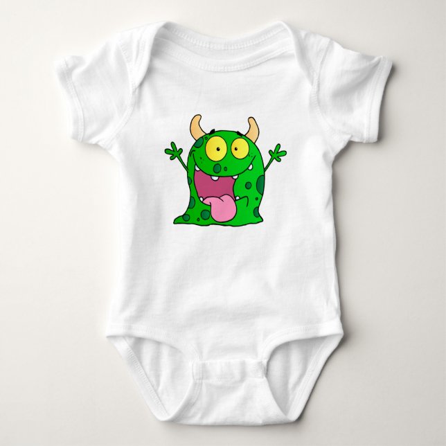 Funny Hand Drawn Green Monster Cartoon Art Baby Bodysuit (Front)