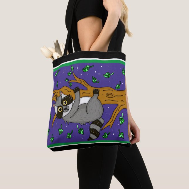 Funny Hand Drawn Whimsical Racoon Tote Bag (Close Up)